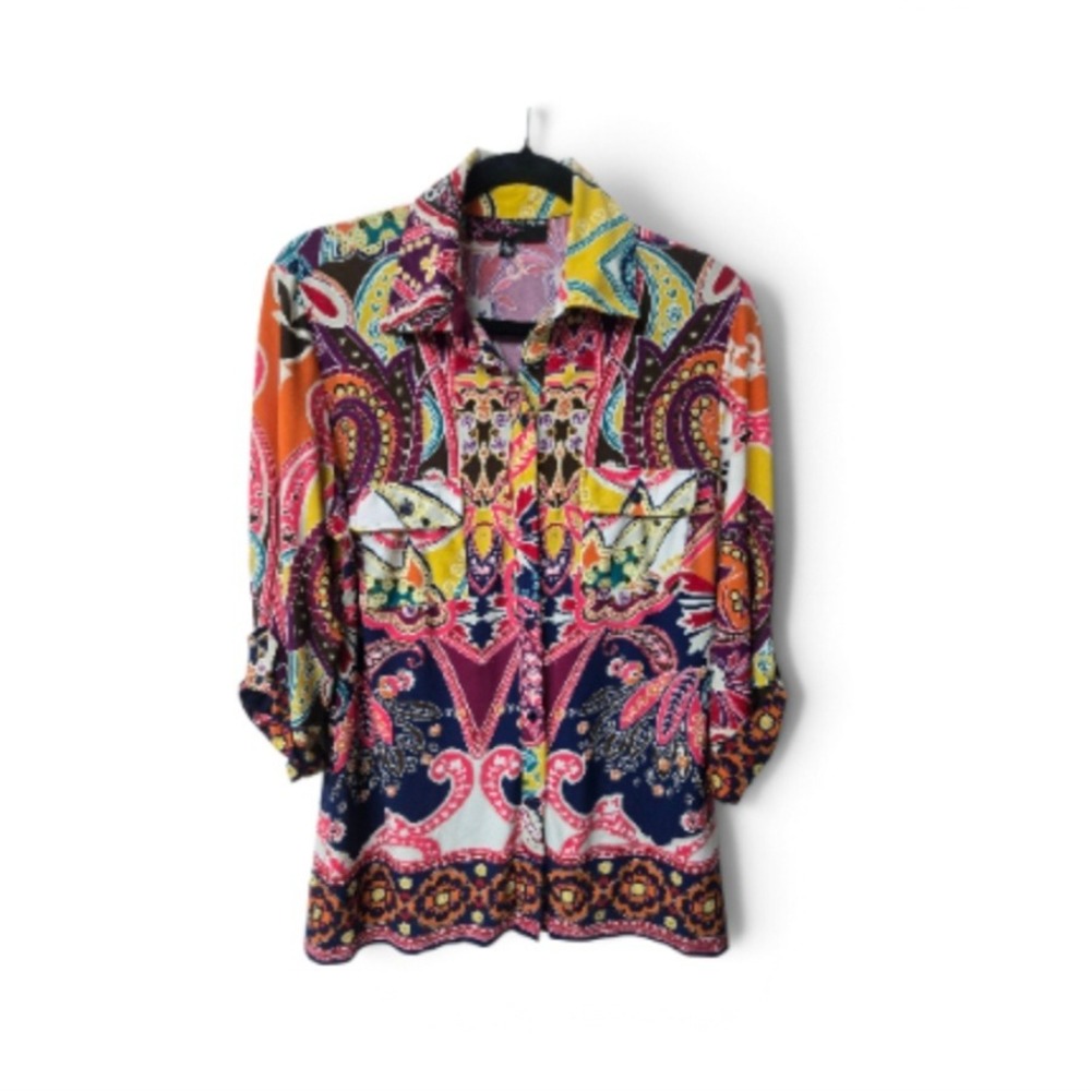 Peck & Peck Multicolor Paisley Patchwork Button Up Roll Tab Shirt L Boho Festive